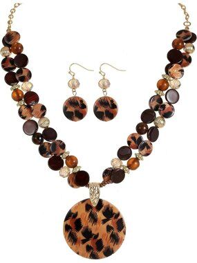 Women's leopard brown Layered Bead Statement Chunky Jewelry Necklace And Earring